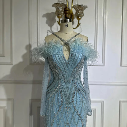 Luxury Dubai Blue Feather Beaded Luxury Mermaid Evening Dresses Gowns for Women Formal Occasion LA72836 - SERENE HILL