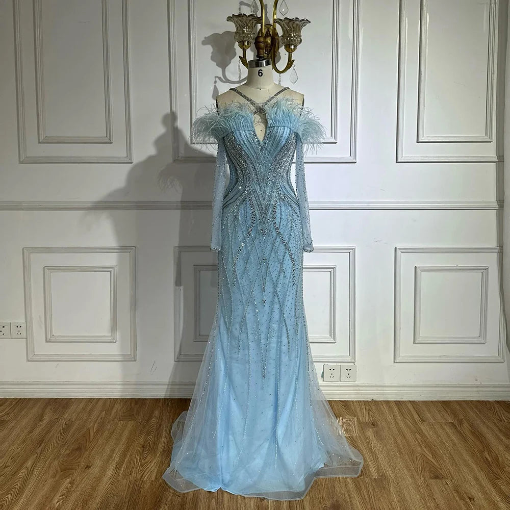 Luxury Dubai Blue Feather Beaded Luxury Mermaid Evening Dresses Gowns for Women Formal Occasion LA72836 - SERENE HILL