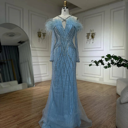 Luxury Dubai Blue Feather Beaded Luxury Mermaid Evening Dresses Gowns for Women Formal Occasion LA72836 - SERENE HILL