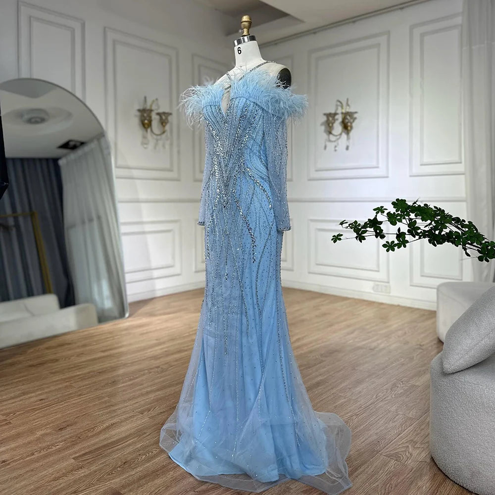 Luxury Dubai Blue Feather Beaded Luxury Mermaid Evening Dresses Gowns for Women Formal Occasion LA72836 - SERENE HILL