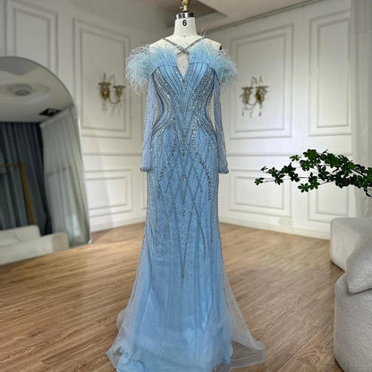 Luxury Dubai Blue Feather Beaded Luxury Mermaid Evening Dresses Gowns for Women Formal Occasion LA72836 - SERENE HILL