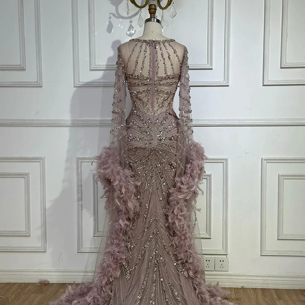 Luxury Modest Pink Feathers Long Cape Sleeves Mermaid Evening Dress LA72708A - SERENE HILL