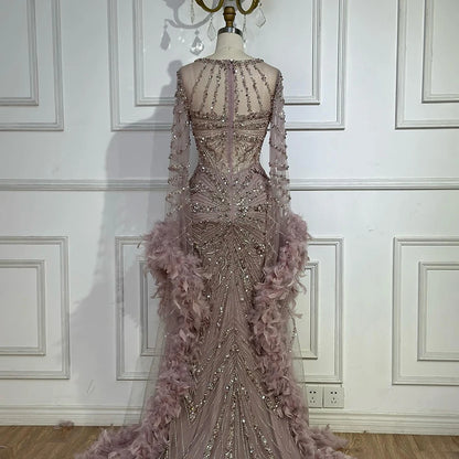 Luxury Modest Pink Feathers Long Cape Sleeves Mermaid Evening Dress LA72708A - SERENE HILL
