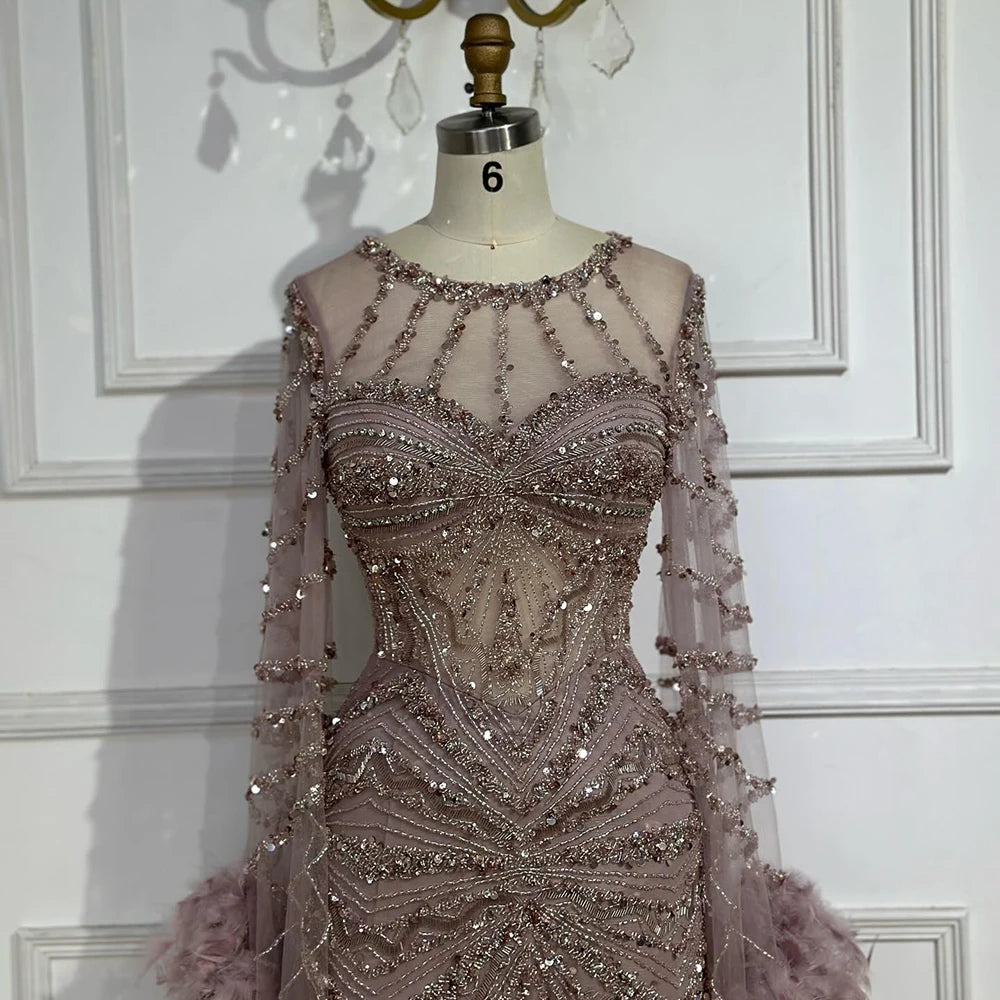 Luxury Modest Pink Feathers Long Cape Sleeves Mermaid Evening Dress LA72708A - SERENE HILL