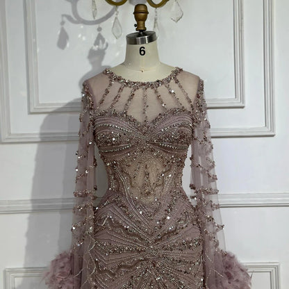 Luxury Modest Pink Feathers Long Cape Sleeves Mermaid Evening Dress LA72708A - SERENE HILL