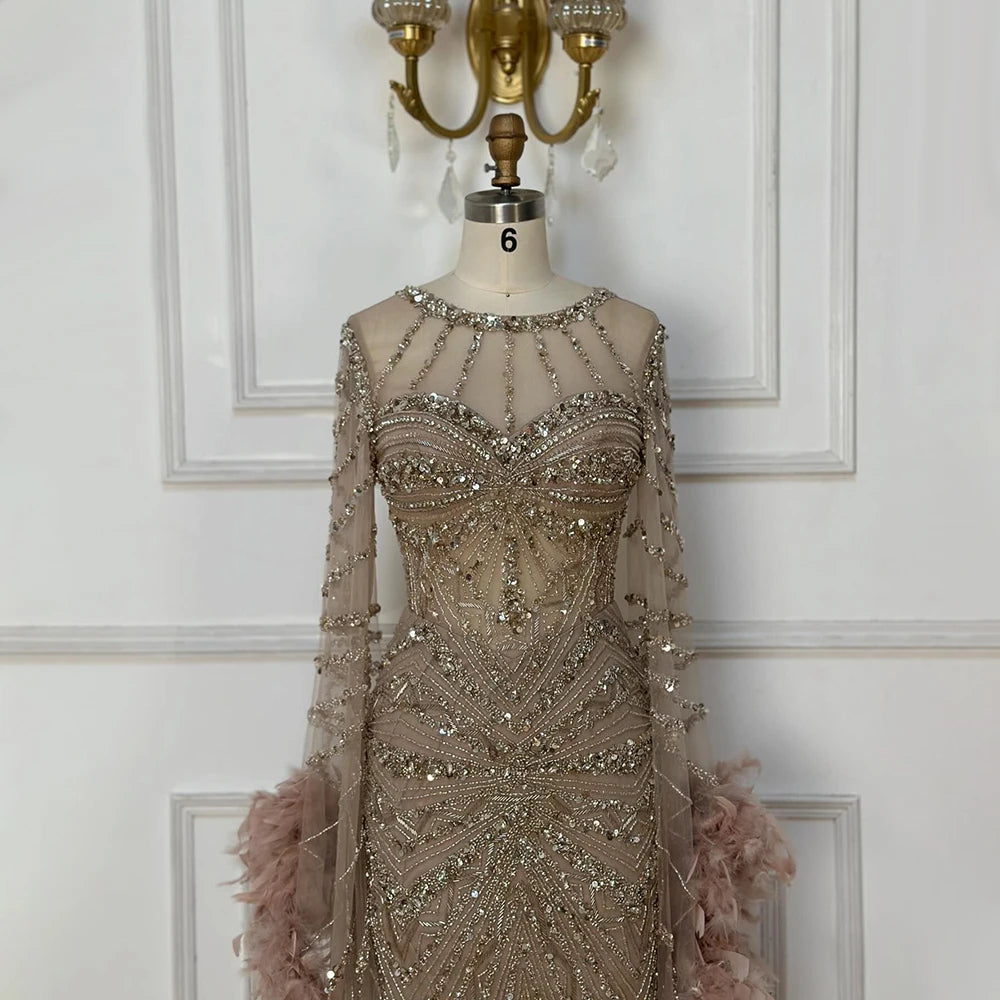 Luxury Modest Pink Feathers Long Cape Sleeves Mermaid Evening Dress LA72708A - SERENE HILL