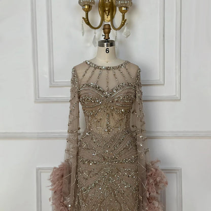 Luxury Modest Pink Feathers Long Cape Sleeves Mermaid Evening Dress LA72708A - SERENE HILL