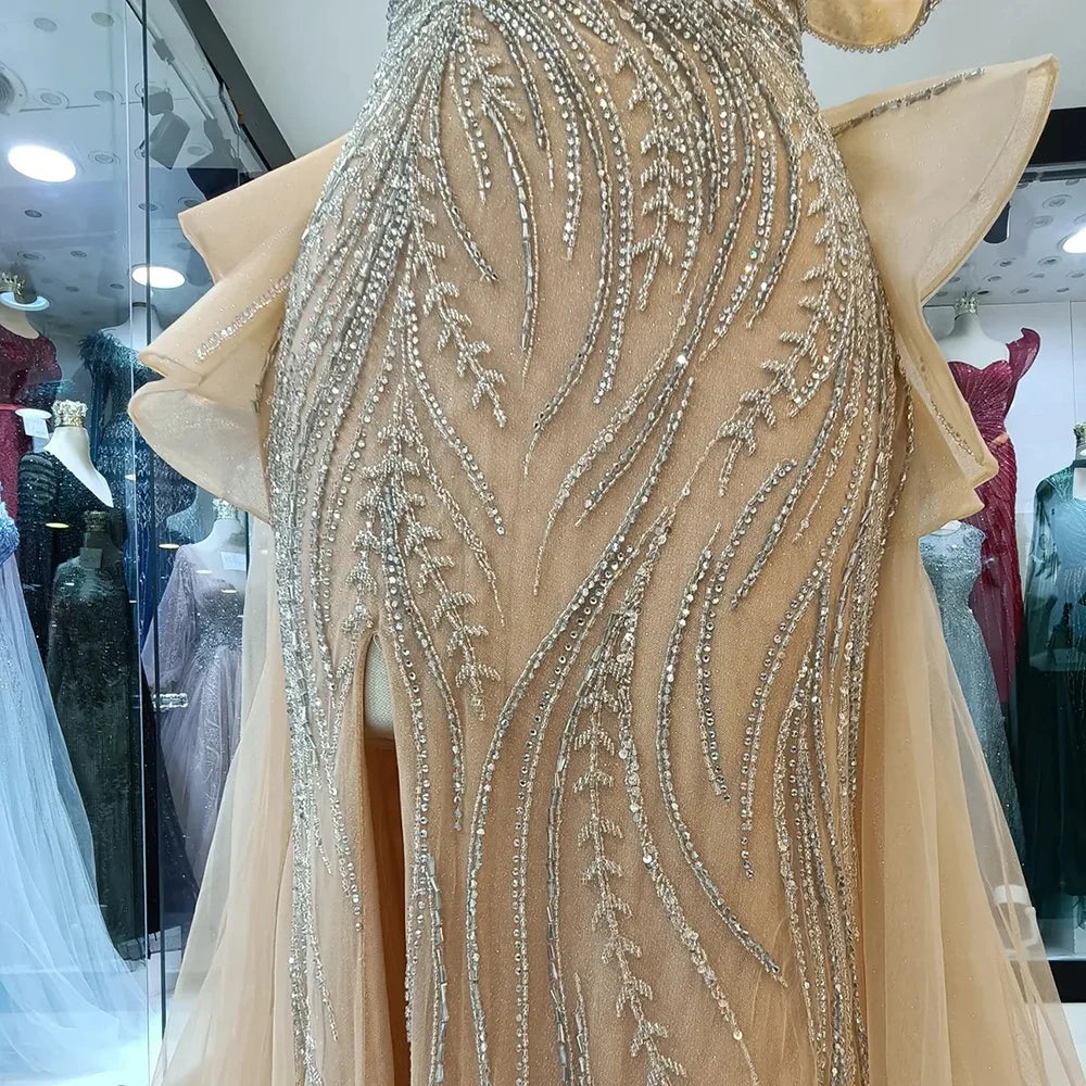 Luxury Nude Beaded Mermaid Evening Gown with Overskirt Split LA72890 - SERENE HILL