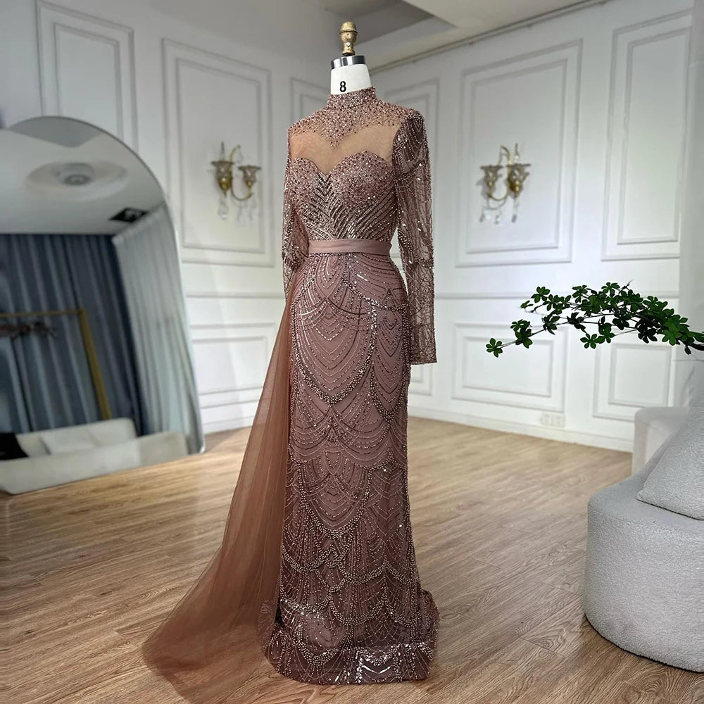 Luxury Brown Beaded Mermaid Evening Dress with Side Overskirt LA71913A - SERENE HILL