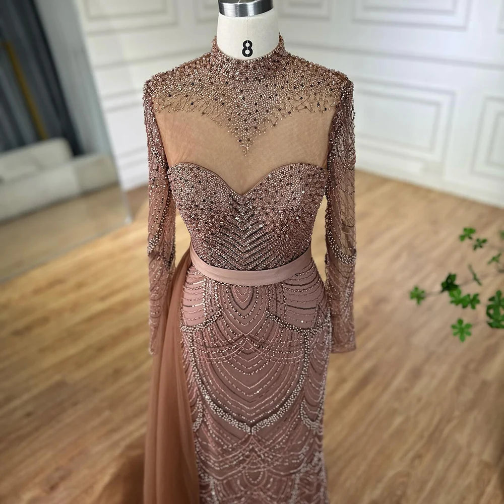 Luxury Brown Beaded Mermaid Evening Dress with Side Overskirt LA71913A - SERENE HILL