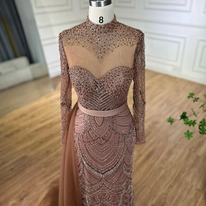 Luxury Brown Beaded Mermaid Evening Dress with Side Overskirt LA71913A - SERENE HILL