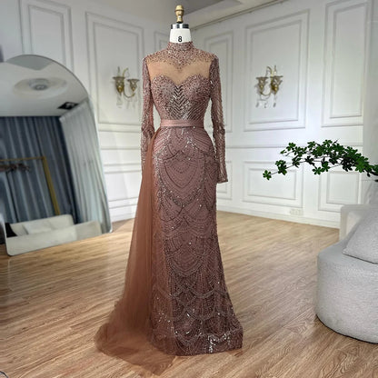 Luxury Brown Beaded Mermaid Evening Dress with Side Overskirt LA71913A - SERENE HILL
