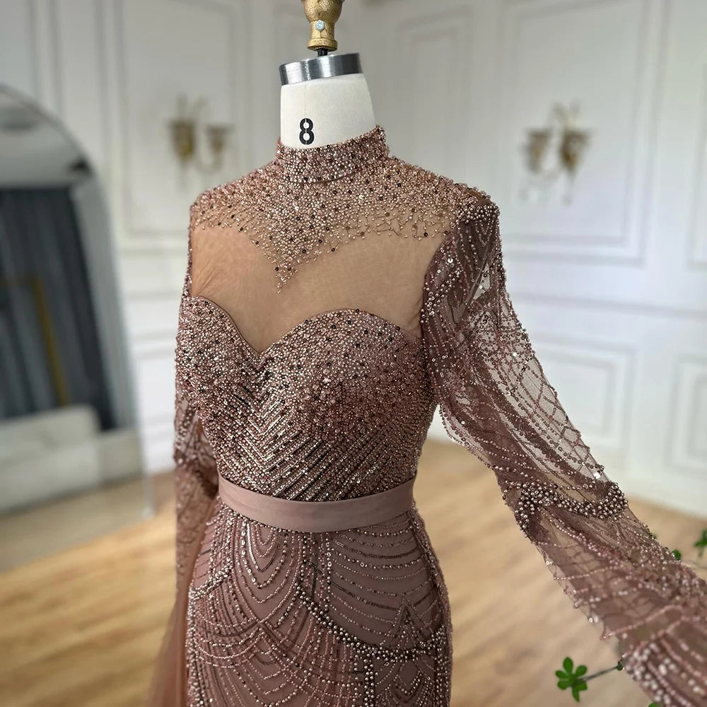 Luxury Brown Beaded Mermaid Evening Dress with Side Overskirt LA71913A - SERENE HILL
