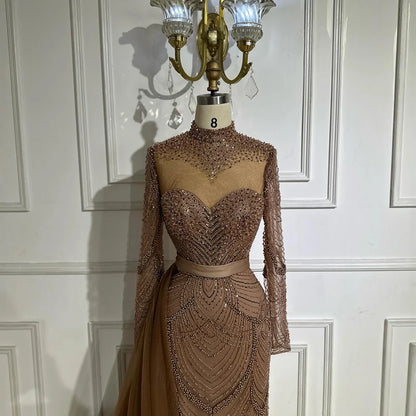 Luxury Brown Beaded Mermaid Evening Dress with Side Overskirt LA71913A - SERENE HILL