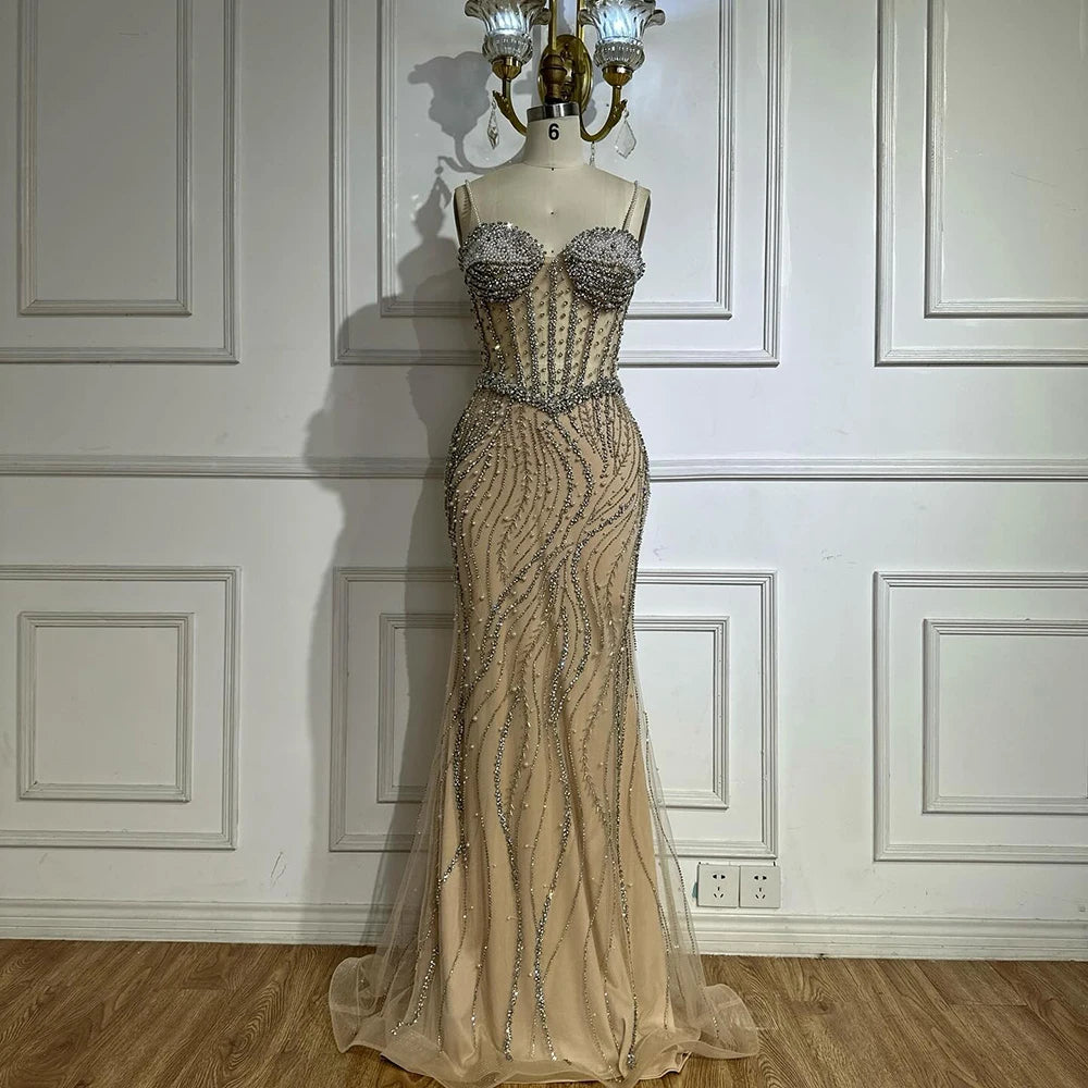 Luxury Dubai Elegant Spaghetti Strap Pearl Beaded Mermaid Evening Gown for Formal Occasion LA72865 - SERENE HILL