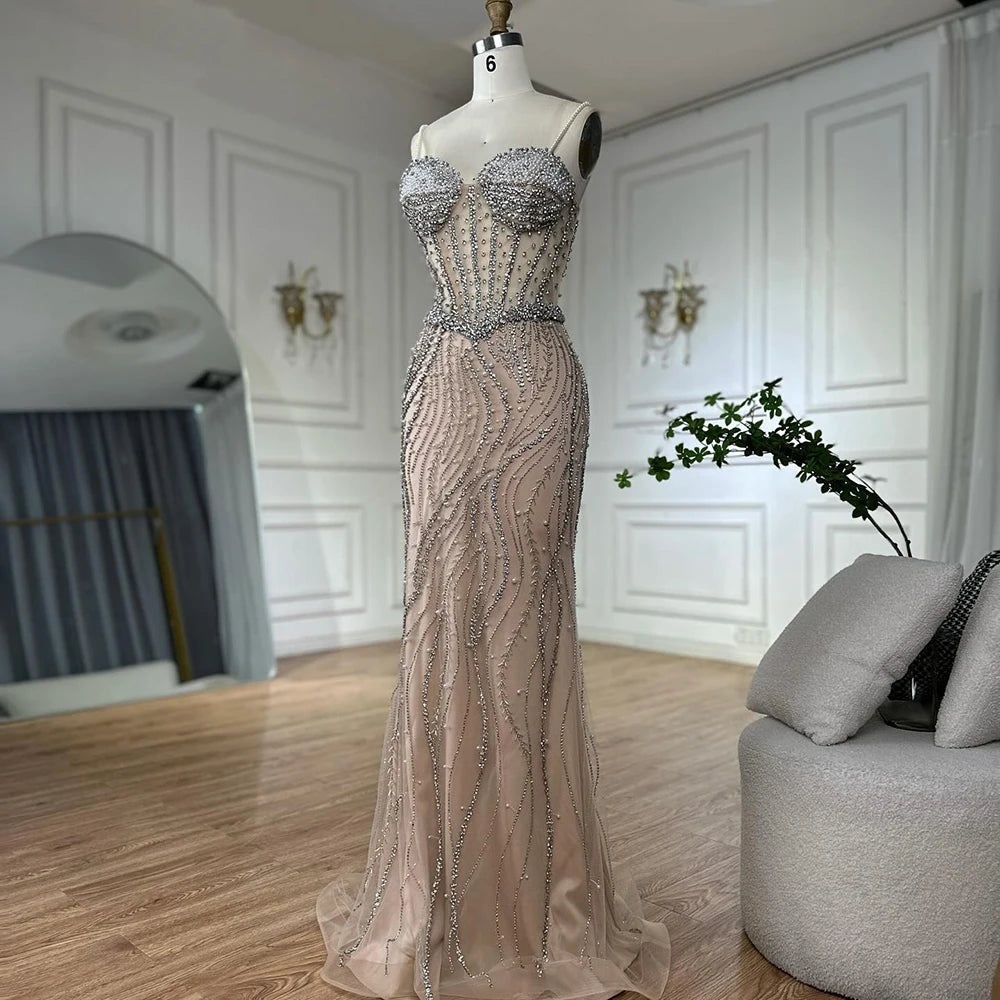 Luxury Dubai Elegant Spaghetti Strap Pearl Beaded Mermaid Evening Gown for Formal Occasion LA72865 - SERENE HILL
