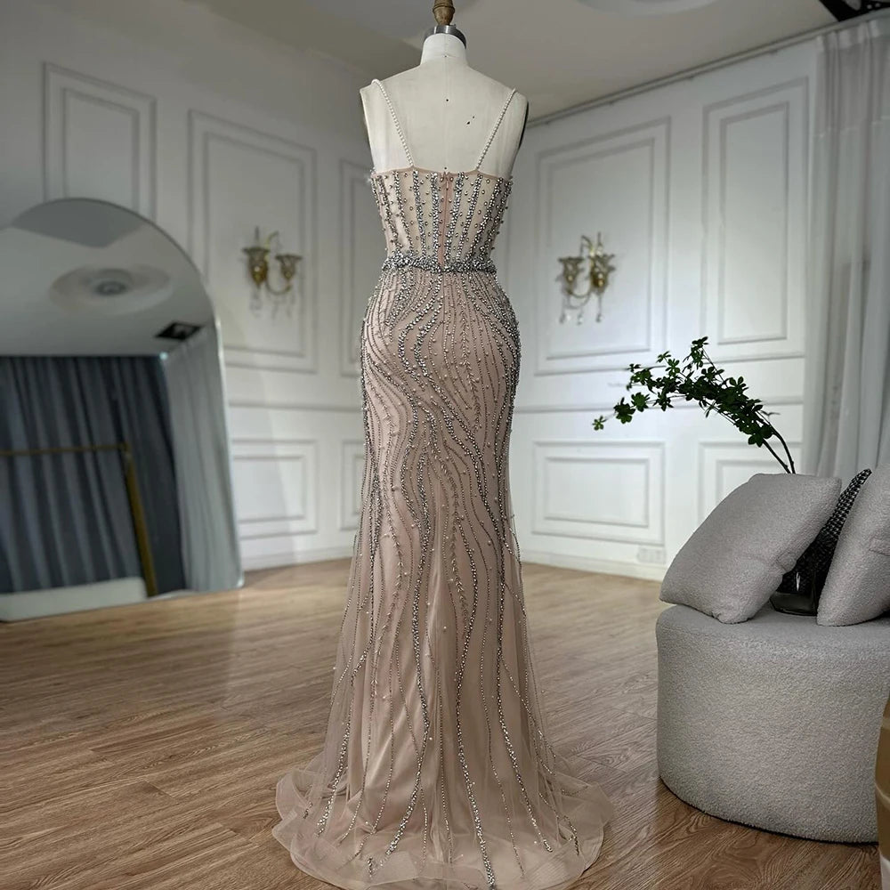 Luxury Dubai Elegant Spaghetti Strap Pearl Beaded Mermaid Evening Gown for Formal Occasion LA72865 - SERENE HILL