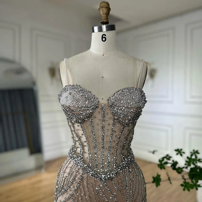 Luxury Dubai Elegant Spaghetti Strap Pearl Beaded Mermaid Evening Gown for Formal Occasion LA72865 - SERENE HILL