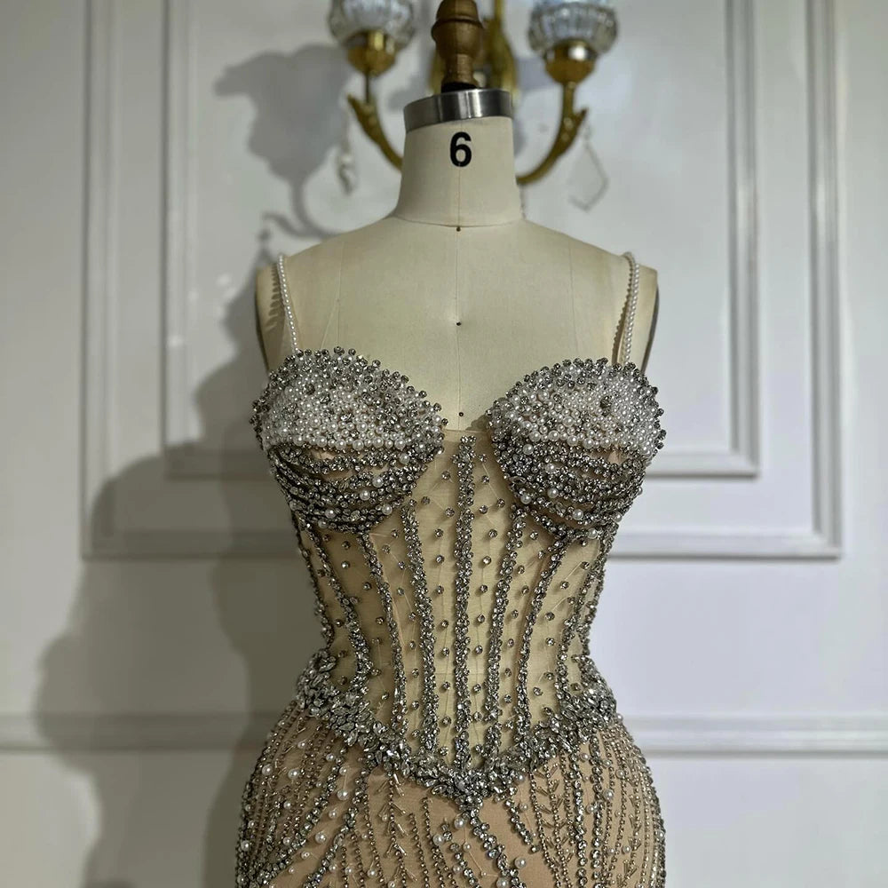Luxury Dubai Elegant Spaghetti Strap Pearl Beaded Mermaid Evening Gown for Formal Occasion LA72865 - SERENE HILL