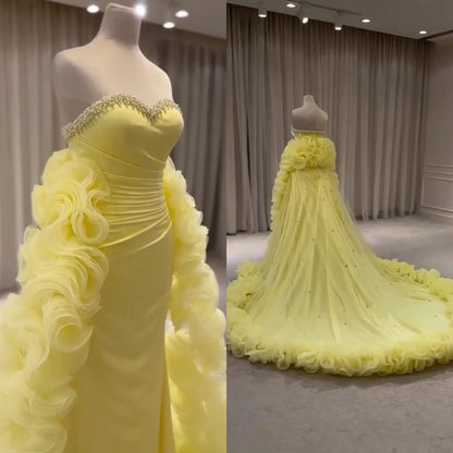 Luxury Dubai Evening Gown for Formal Occasion Elegant Yellow Dress with Ruffles and Beaded Details LA72889 - SERENE HILL