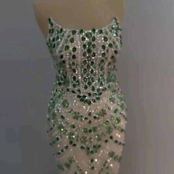 Luxury Green Beaded Saudi Arabic Evening Gown for Formal Occasion LA72842