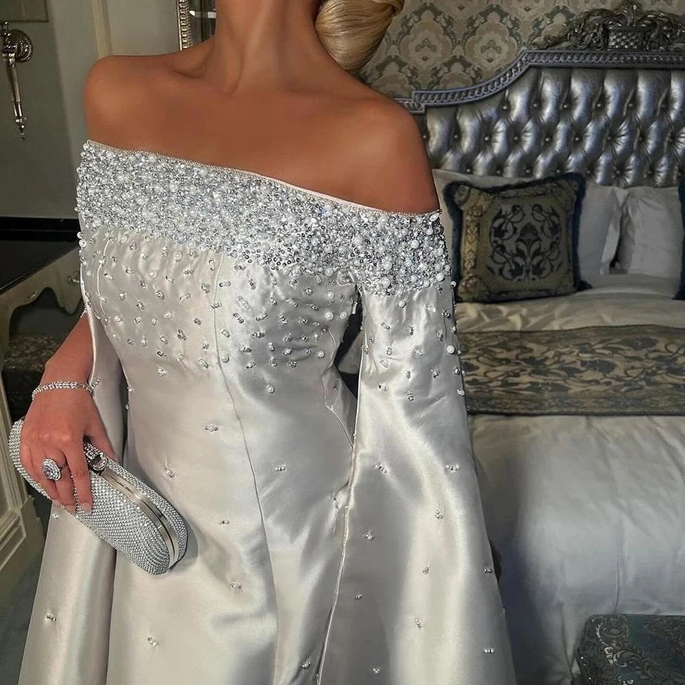 Luxury Dubai Luxury Off Shoulder A Line Gray Satin Evening Gown Pearl Beaded for Formal Occasion LA72779 - SERENE HILL