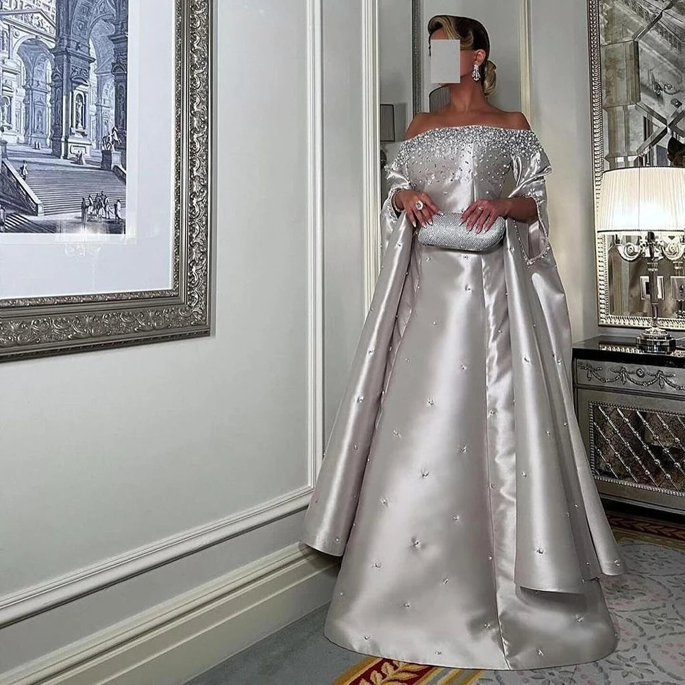 Luxury Dubai Luxury Off Shoulder A Line Gray Satin Evening Gown Pearl Beaded for Formal Occasion LA72779 - SERENE HILL