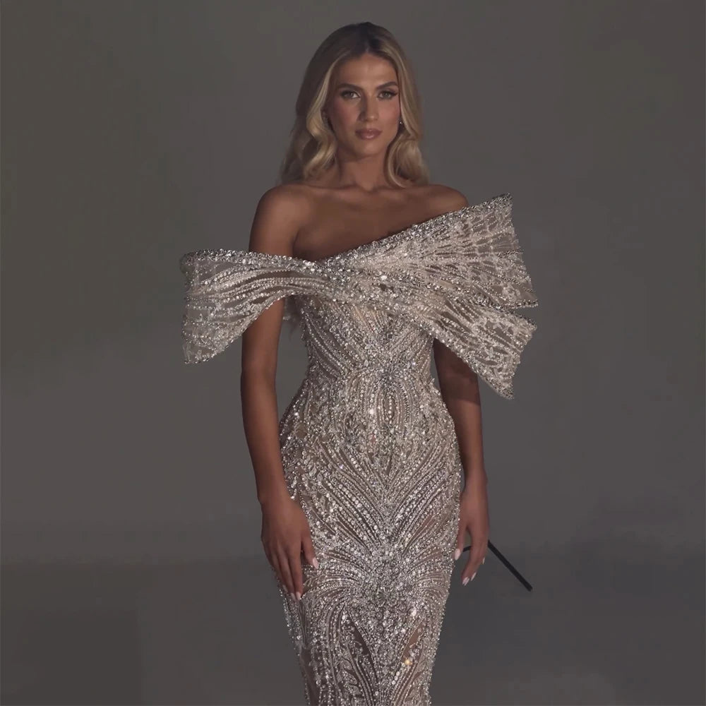 Luxury Silver Nude Off Shoulder Mermaid Evening Dress LA72878 - SERENE HILL