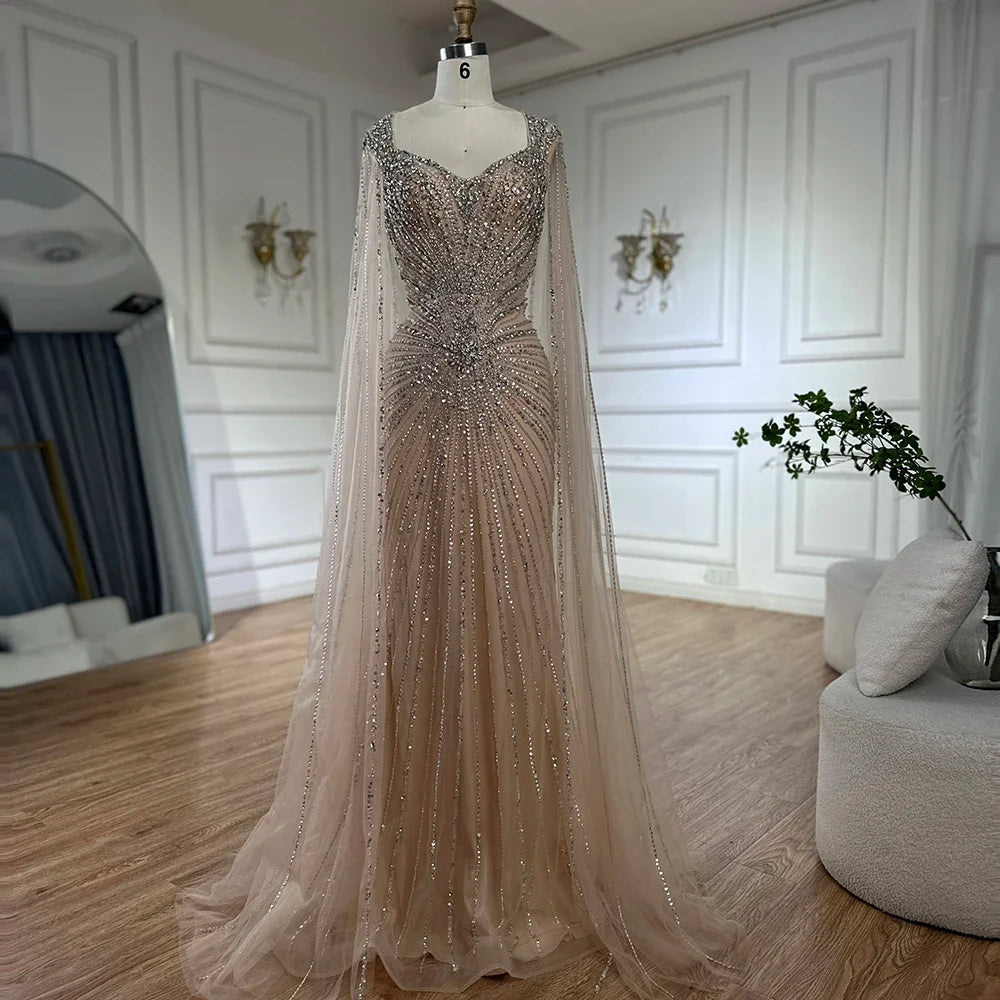 Dubai Luxury Nude Cape Sleeves Beaded Evening Dress LA72575A - SERENE HILL
