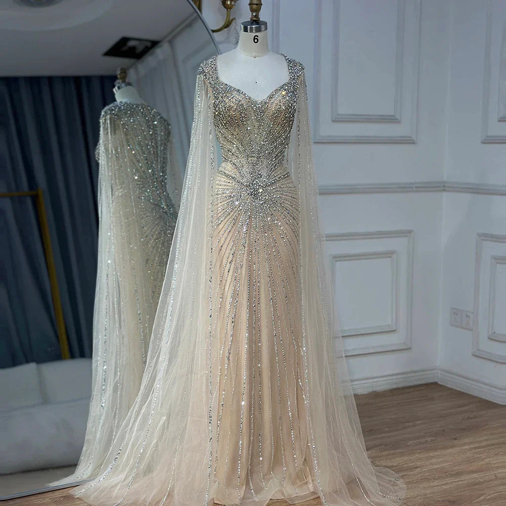 Dubai Luxury Nude Cape Sleeves Beaded Evening Dress LA72575A - SERENE HILL