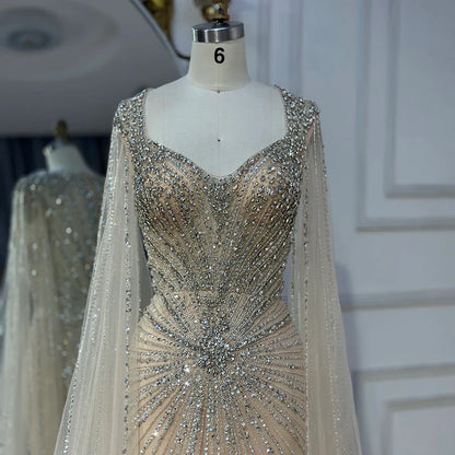 Dubai Luxury Nude Cape Sleeves Beaded Evening Dress LA72575A - SERENE HILL