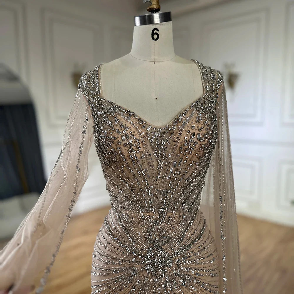 Dubai Luxury Nude Cape Sleeves Beaded Evening Dress LA72575A - SERENE HILL