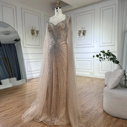 Dubai Luxury Nude Cape Sleeves Beaded Evening Dress LA72575A - SERENE HILL