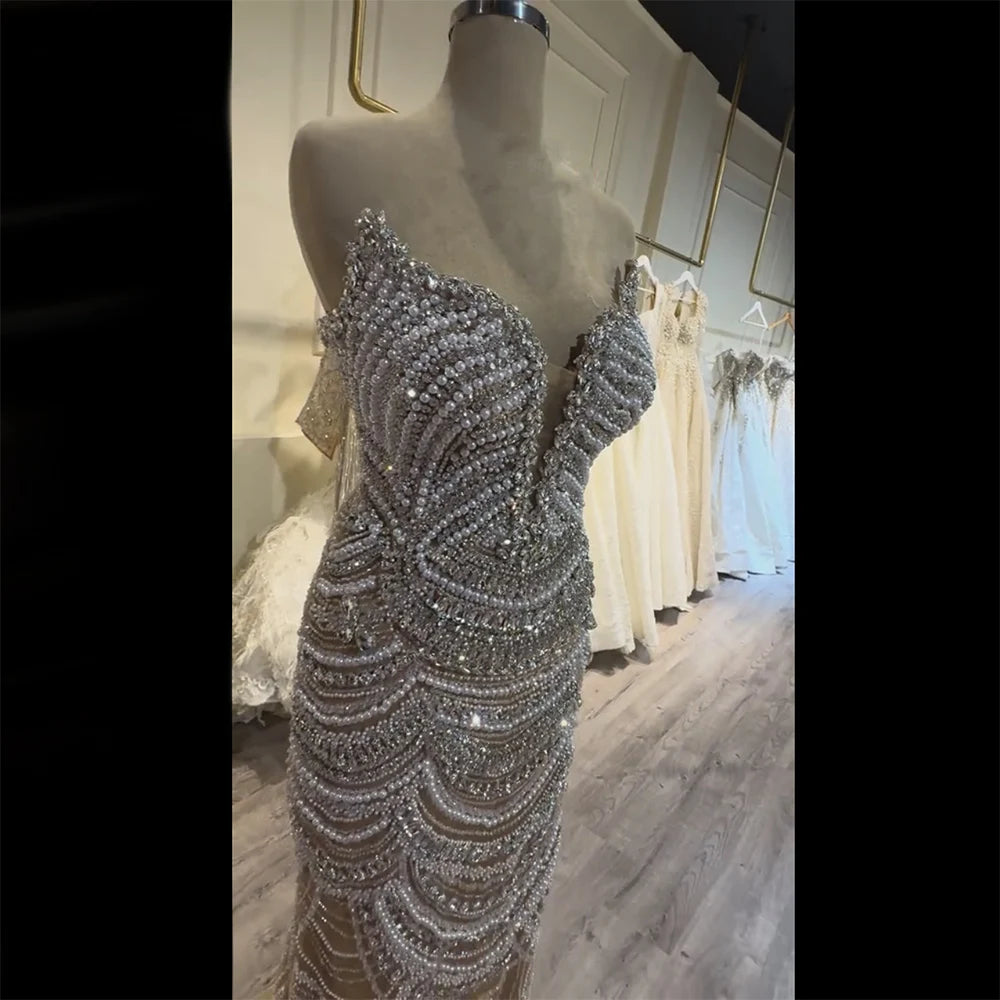 Luxury Nude Silver Beaded Evening Gown with Crystals LA72900 - SERENE HILL