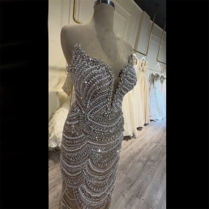 Luxury Nude Silver Beaded Evening Gown with Crystals LA72900 - SERENE HILL