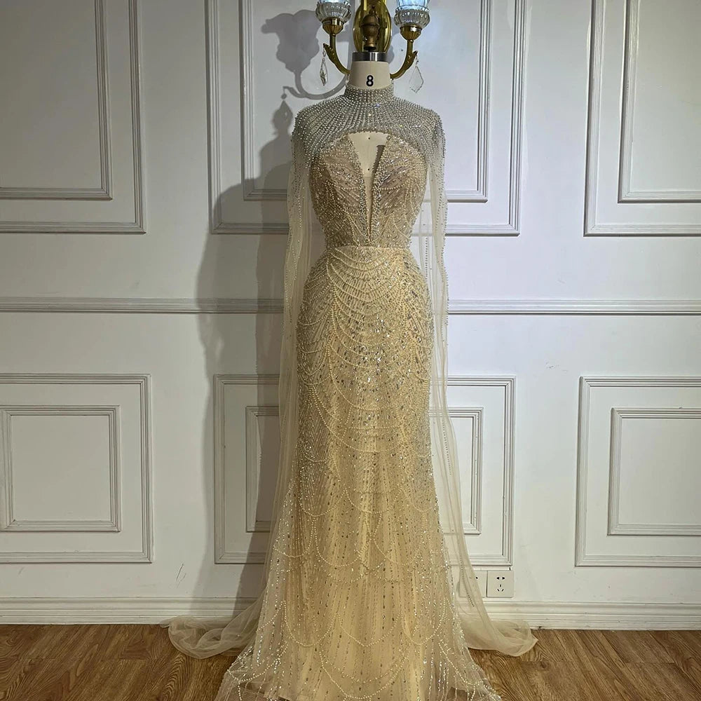 Luxury Evening Dress Nude Pearls Beaded Gown With Tulle Train LA72189A - SERENE HILL