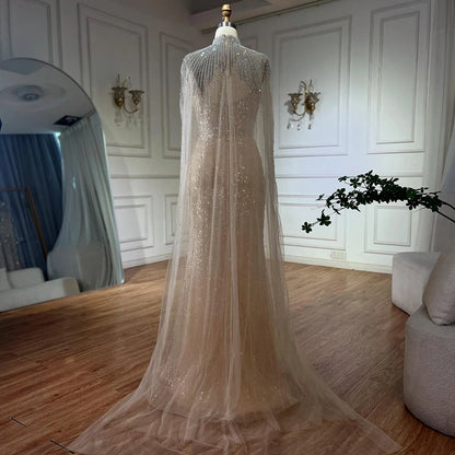 Luxury Evening Dress Nude Pearls Beaded Gown With Tulle Train LA72189A - SERENE HILL
