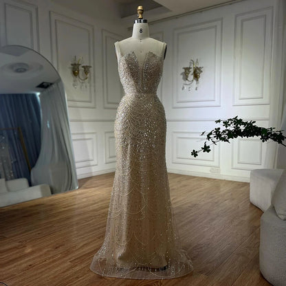 Luxury Evening Dress Nude Pearls Beaded Gown With Tulle Train LA72189A - SERENE HILL