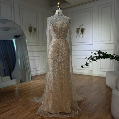 Luxury Evening Dress Nude Pearls Beaded Gown With Tulle Train LA72189A - SERENE HILL