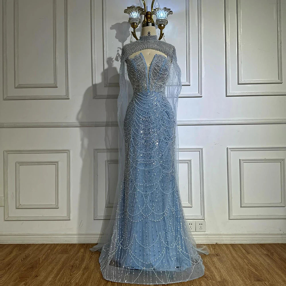 Luxury Evening Dress Nude Pearls Beaded Gown With Tulle Train LA72189A - SERENE HILL
