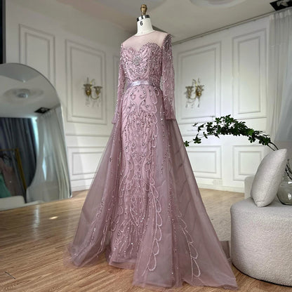 Luxury Dubai Pink Beaded Saudi Arabic Mermaid Evening Gown with Sheer Long Sleeves for Formal Occasion LA72875 - SERENE HILL