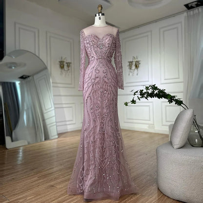 Luxury Dubai Pink Beaded Saudi Arabic Mermaid Evening Gown with Sheer Long Sleeves for Formal Occasion LA72875 - SERENE HILL