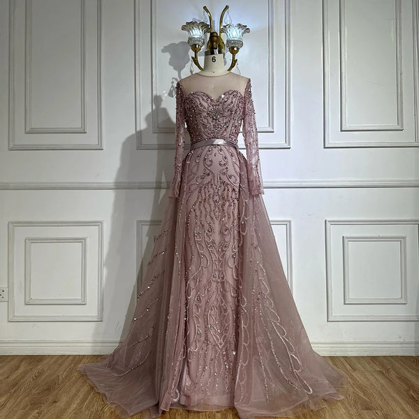 Luxury Dubai   Pink Beaded Saudi Arabic Mermaid Evening Gown with Sheer Long Sleeves for Formal Occasion LA72875