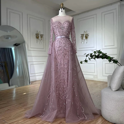 Luxury Dubai Pink Beaded Saudi Arabic Mermaid Evening Gown with Sheer Long Sleeves for Formal Occasion LA72875 - SERENE HILL