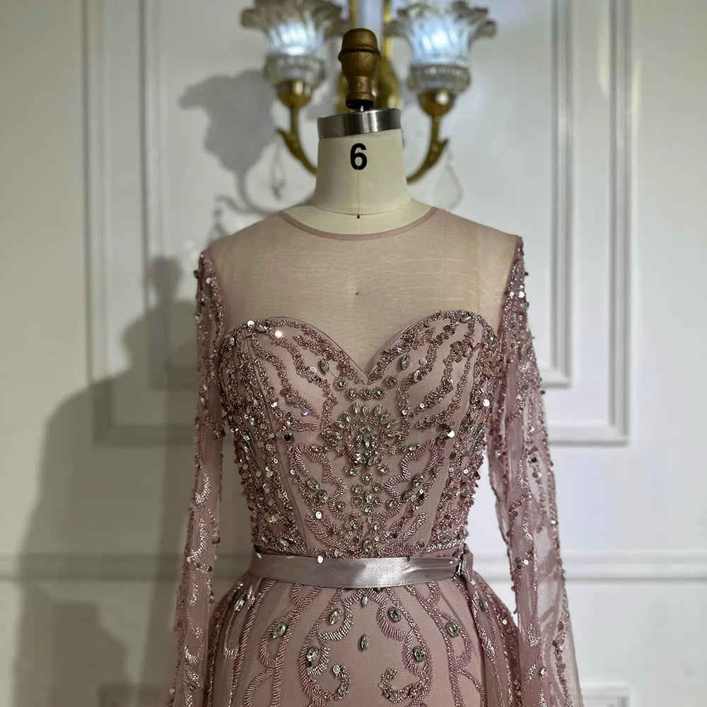 Luxury Dubai Pink Beaded Saudi Arabic Mermaid Evening Gown with Sheer Long Sleeves for Formal Occasion LA72875 - SERENE HILL