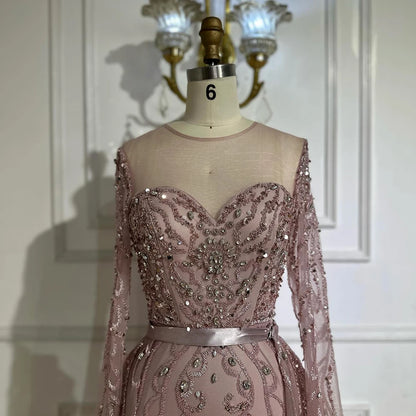 Luxury Dubai Pink Beaded Saudi Arabic Mermaid Evening Gown with Sheer Long Sleeves for Formal Occasion LA72875 - SERENE HILL