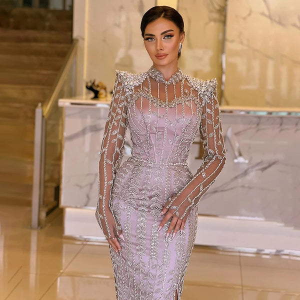 Luxury Dubai Pink Elegant Pearls Beaded Mermaid Evening Dress LA72826