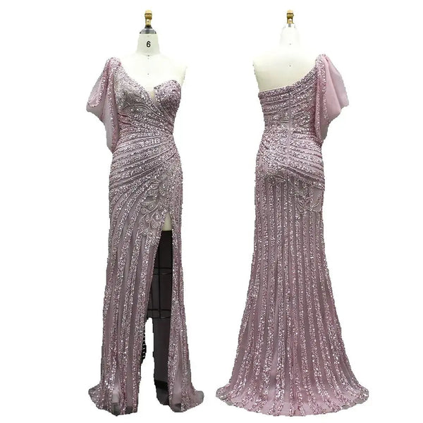 Luxury Dubai   Pink One Shoulder Beaded Mermaid Evening Dresses Gowns with High Split for Formal Occasion LA72821