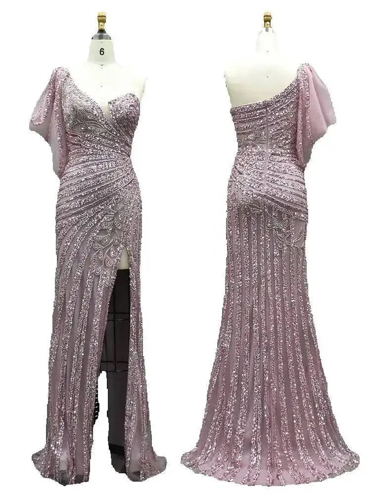 Luxury Dubai Pink One Shoulder Beaded Mermaid Evening Dresses Gowns with High Split for Formal Occasion LA72821 - SERENE HILL