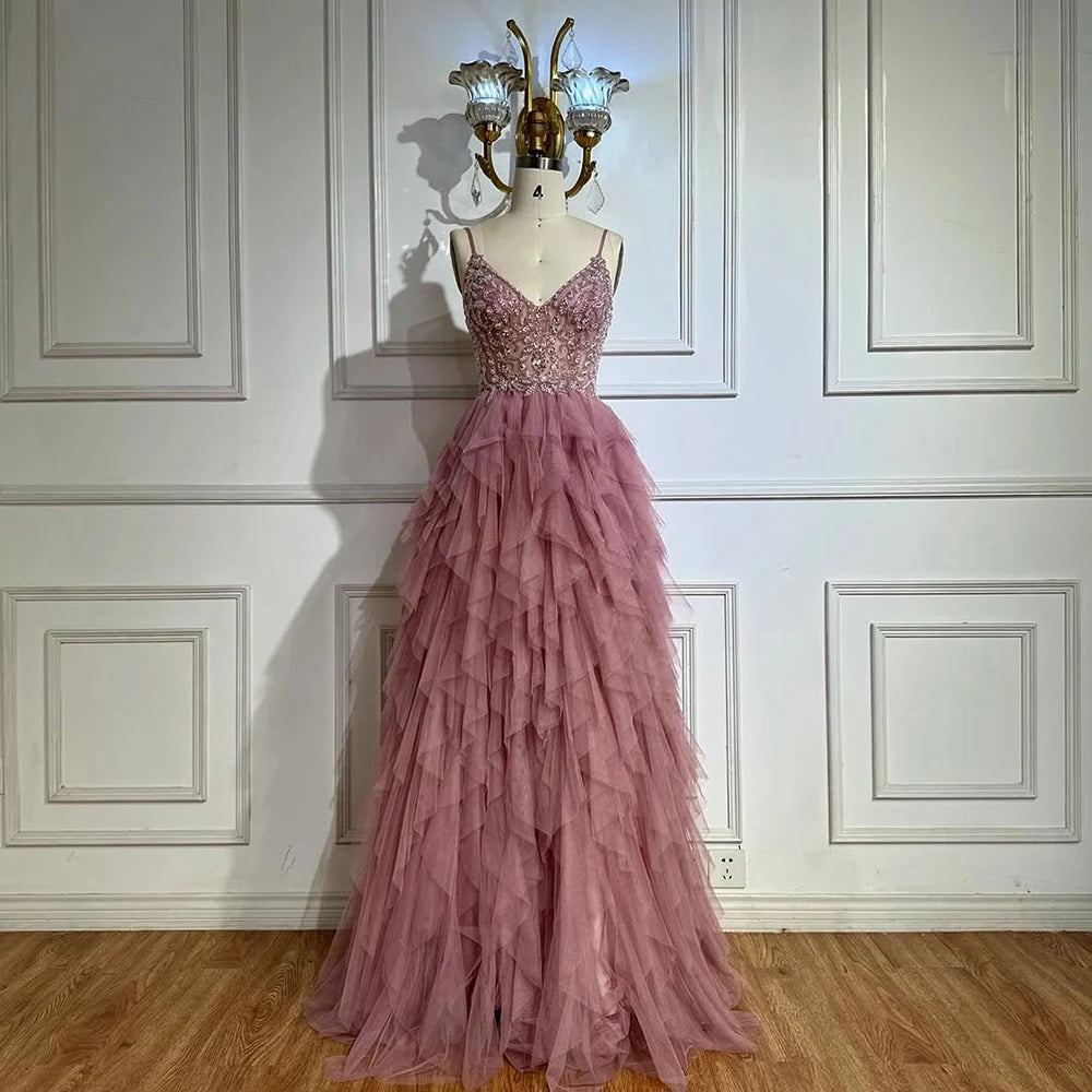 Luxury Dubai Pink Spaghetti Strap Evening Gown Beaded Bodice and Layered Tulle Skirt for Formal Occasion LA72893 - SERENE HILL